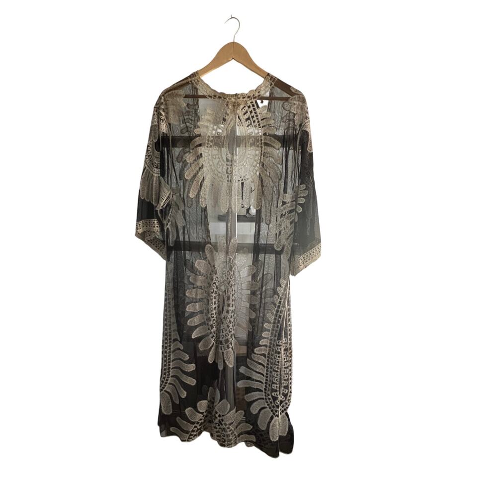 Indigo Thread Co Black Mesh Lace Kimono Cover Up One Size - Picture 4 of 15